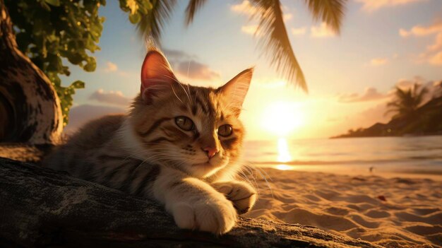 Photo cute cat relaxing at beach