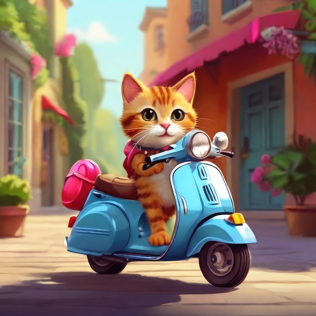 Photo cute cat ridding a vespa cartoon style vibrant colours