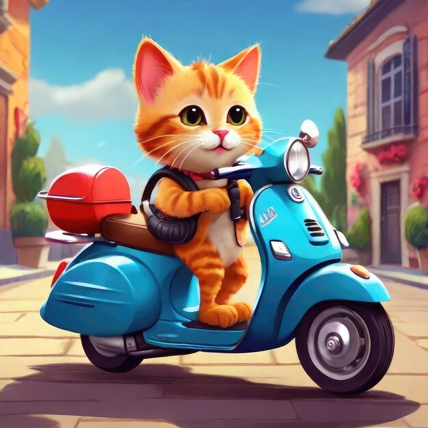 Cute Cat ridding a Vespa Cartoon style Vibrant colours