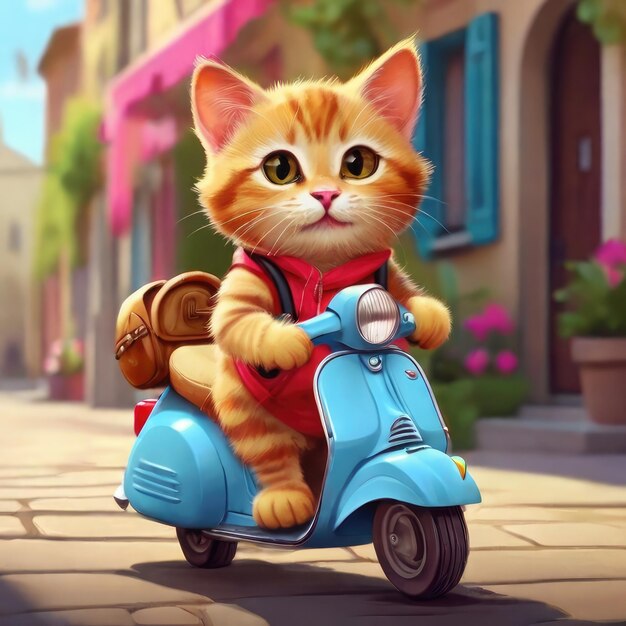 Cute Cat ridding a Vespa Cartoon style Vibrant colours