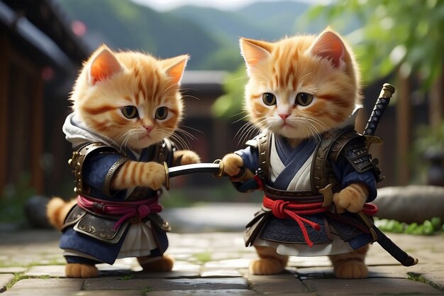 Photo cute cat samurai fight hd 4k