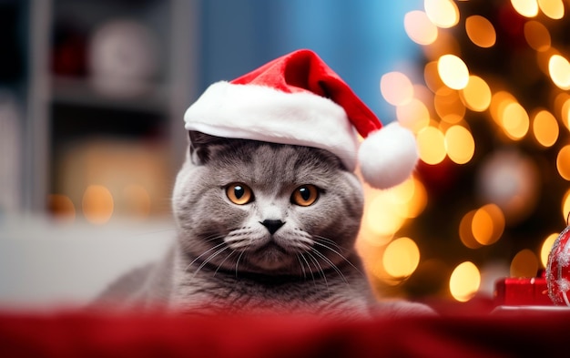 Cute cat in Santa Claus hat against blurred Christmas lights and copy space