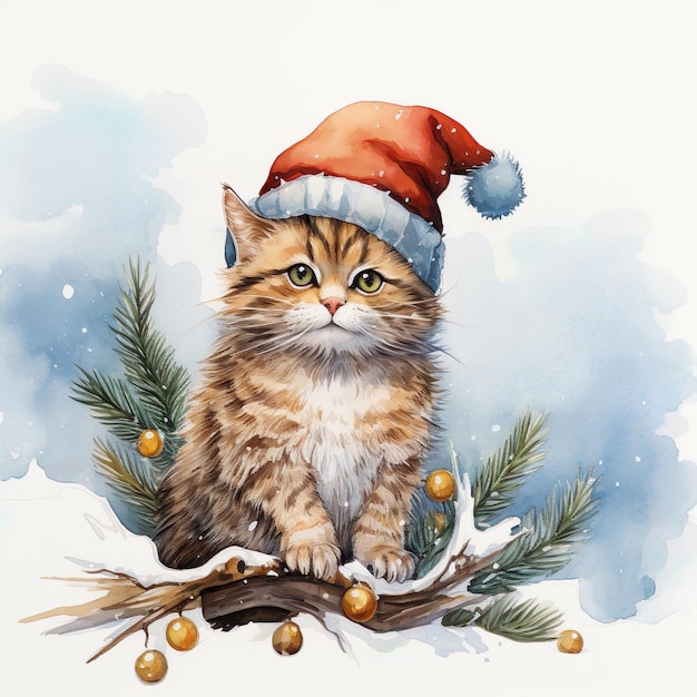 Cute Cat in Santa Hat on Christmas background Digital illustration Poster