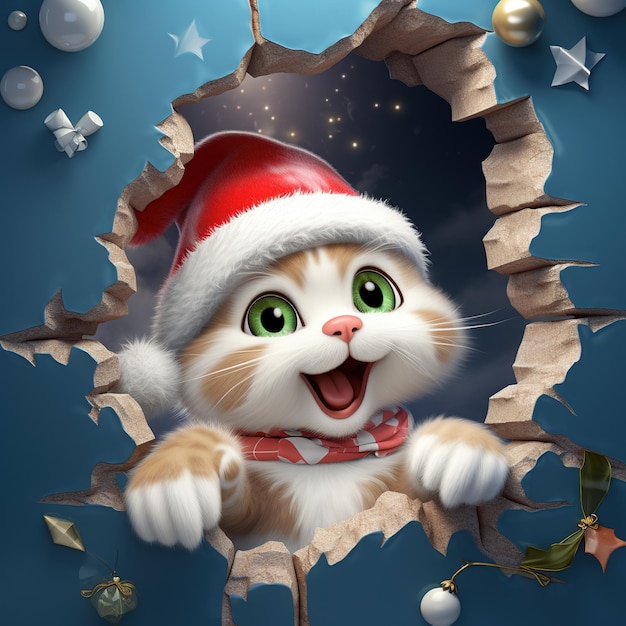 Милая кошка в шляпе Санта заглядывает через дыру в бумаге.