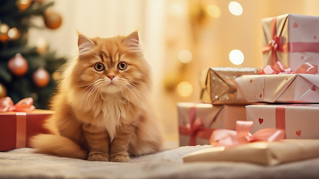 Фото Милая кошка сидит среди рождественских подарков дома в розовых тонах