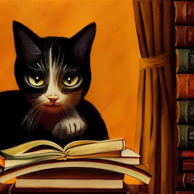 Cute cat sitting on the book pile cartoon illustration funny smart black kitten read and study