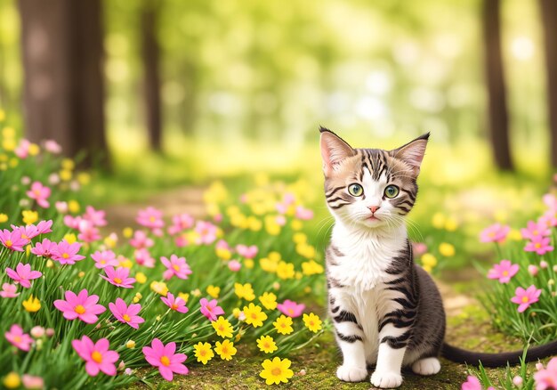 Photo cute cat sitting on green grass in the spring garden with flowers