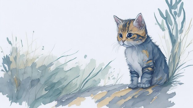 Cute cat sitting on the ground in the grass Watercolor illustration