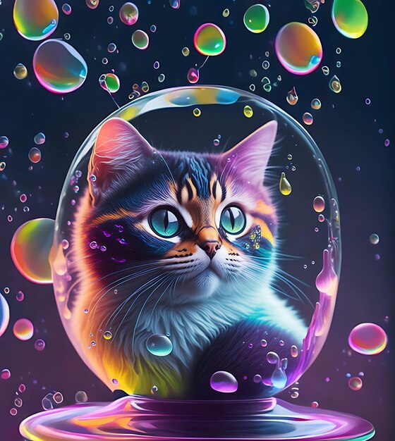 バブルの中に座っている可愛い猫 カラフルな活気のある猫 遊び心のある水滴の中の猫 AI生成