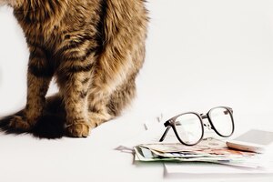 Фото Милый кот сидит на столе с телефоном в очках и деньгами, работает дома или делает покупки в интернете, концептуальное пространство для текста