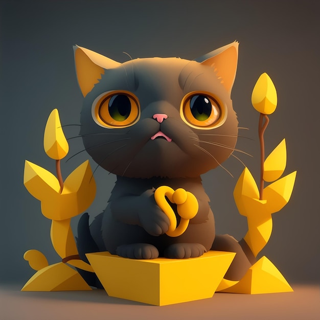 Cute cat sitting on pedestal 3D render illustration