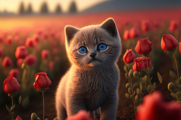 Cute cat sitting in red flower field with sunset in the background AIGenerated