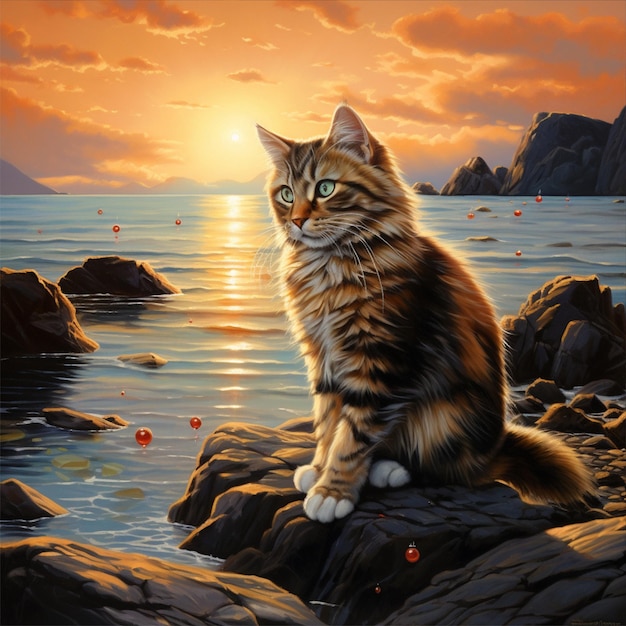 Cute cat sitting on the rock at sea in sunset