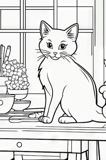 Cute cat sitting on the table coloring page for 5 year old child