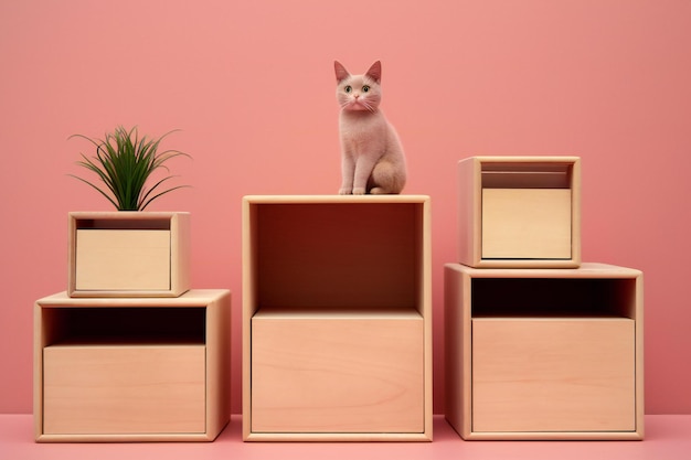 Cute cat sitting on top of wooden boxes on pink background