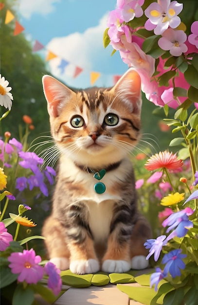 Cute cat sitting with food flowers on the garden