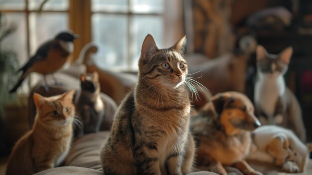 Cute cat sitting with a friendly expression surrounded by other pets like dogs and birds Cozy living room with natural light