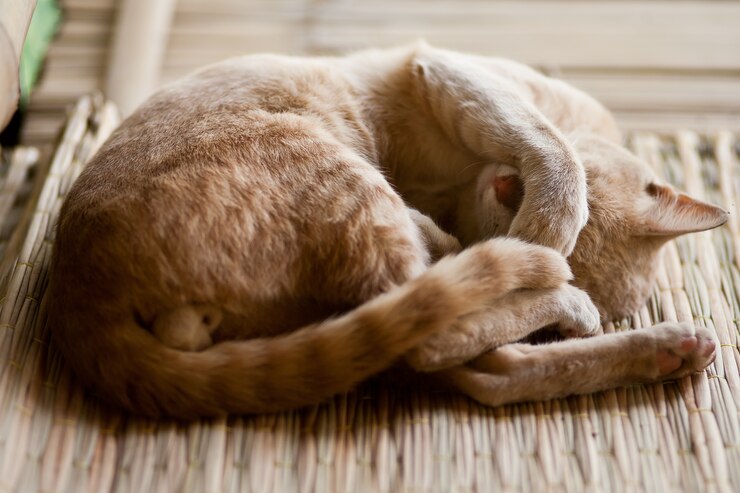 かわいい猫は地面に猫を眠っている