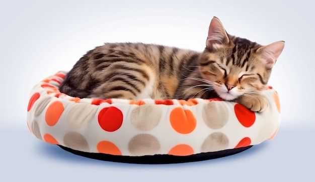 Милый кот спит в постели для домашних животных на изолированном фоне