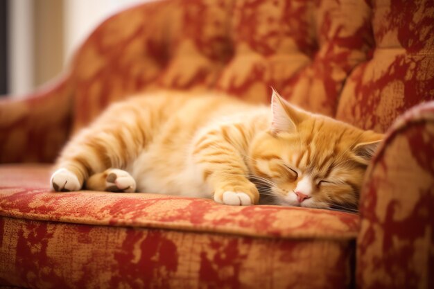 Cute cat sleeping or resting on the sofa at home Lazy cat sleeping on the sofa Cat day concept