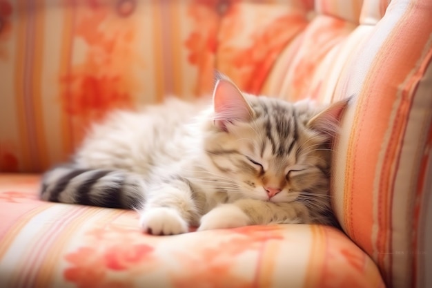 Милая кошка спит или отдыхает на диване дома Ленивая кошка спат на диване Концепция дня кошки