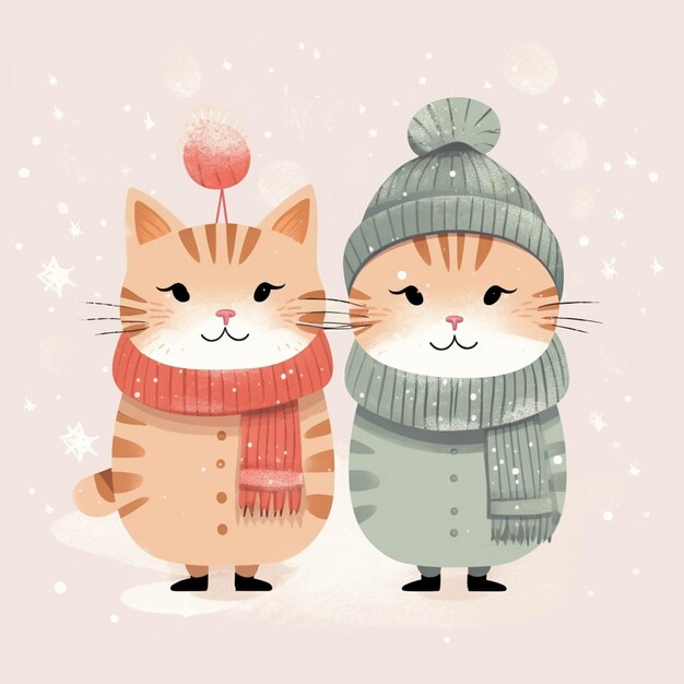 Cute cat and snowman in winter clothes Vector illustration