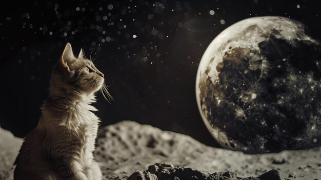 Photo cute cat in space looking at the sky fantasy