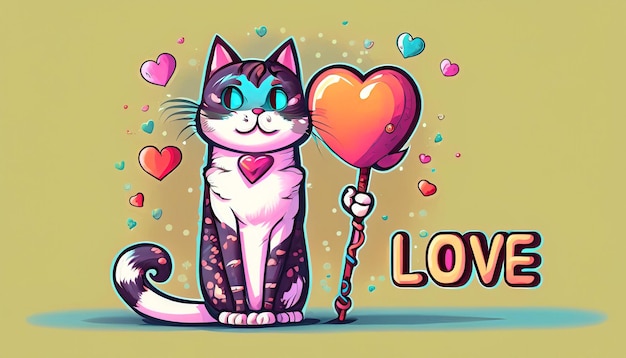 Cute Cat Spreads Love Hand Holding Love Sign Cartoon Illustration Playful Animal Nature Concept in