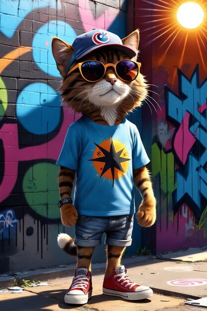 Photo cute cat standing in front of a graffiti wall
