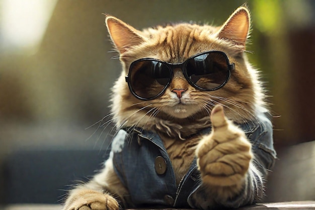 Cute cat in sunglasses sitting on the sofa and showing thumbs up