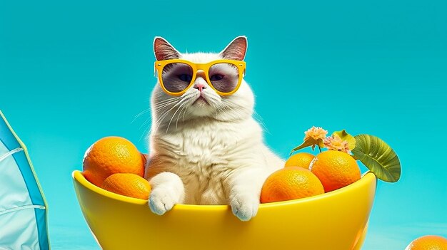 Cute cat in sunglasses sitting in yellow bowl with tangerines summer vacation concept