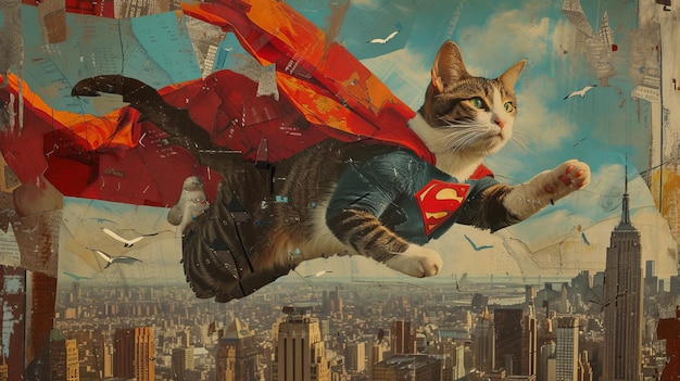 도시 위를 날아다니는 슈퍼맨 의상을 입은 귀여운 고양이