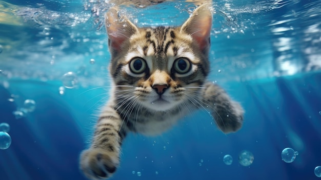 Cute Cat swimming underwater