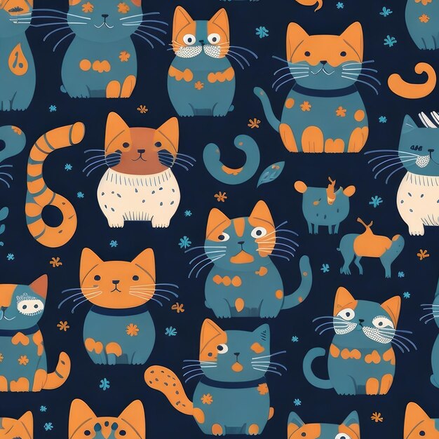 스카프 생산을 위한 귀여운 고양이 테마 패턴 평면 그림