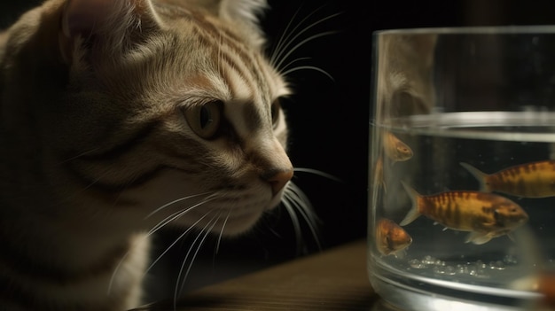 Cute cat watching the fish Funny kitten sniffing the fish Generated AI