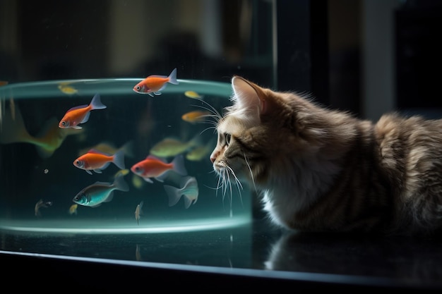 魚を見ている可愛い猫 魚を嗅ぐ面白い子猫 AIによって生成された
