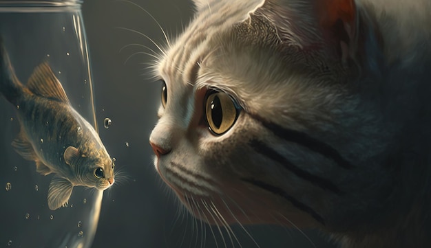 Cute cat watching the fish Funny kitten sniffing the fish Generated AI