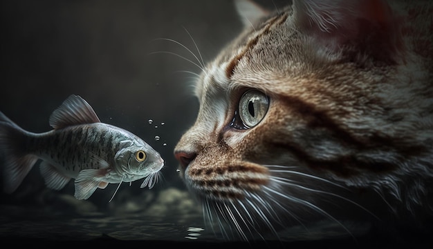 Милый кот наблюдает за рыбой Забавный котенок нюхает рыбу Сгенерировано AI