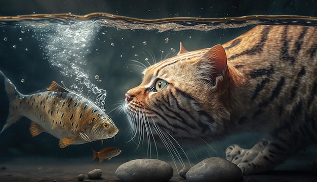 Cute cat watching the fish Funny kitten sniffing the fish Generated AI