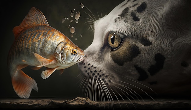 Photo cute cat watching the fish funny kitten sniffing the fish