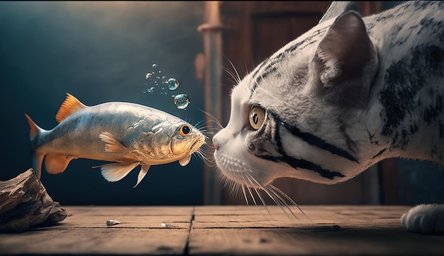 Cute cat watching the fish Funny kitten sniffing the fish