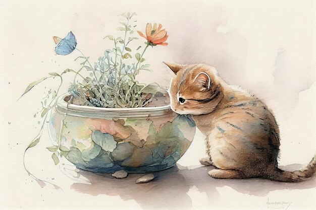 Cute cat watercolor painting style