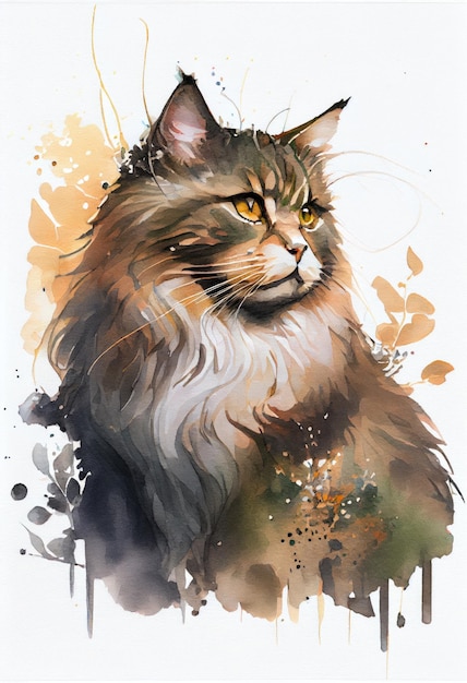 Cute cat on watercolor technique Created on drawing paper