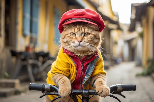 Foto gatto carino indossa vestiti e si siede sulla bicicletta