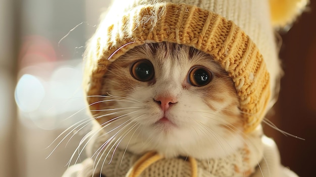 a cute cat wearing a baby hat