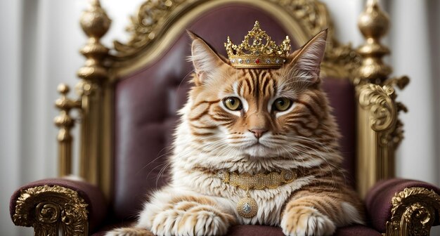 Photo cute cat wearing crown with smiley face and sitting on the throne with white background