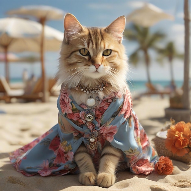 Милая кошка в платье на пляже.