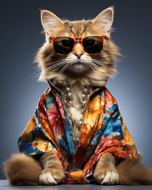 cute cat wearing floral shirt and sunglasses sitting and isolated over blank background