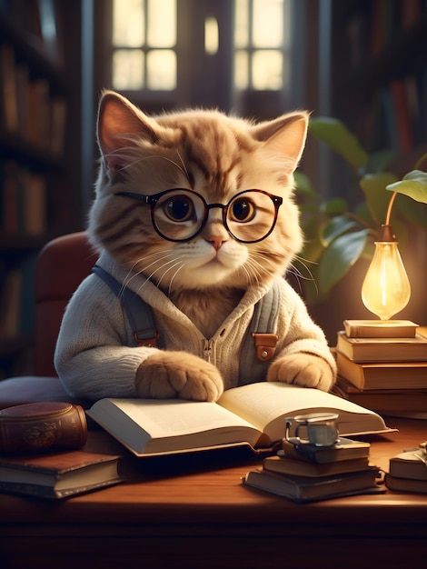 Фото Милая кошка в очках читает книгу в уютной библиотеке при мягком освещении подробная иллюстрация