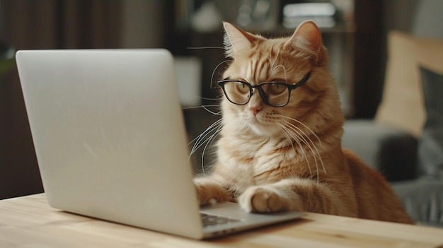 Cute cat wearing glasses and using laptop Office worker concept